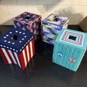 Tissue Box Covers Easter Eggs American Flag Needlepoint Plastic‎ Canvas Vintage